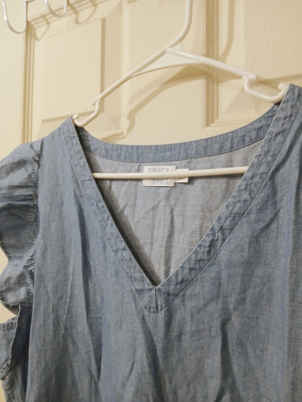 Time And Tru Light Blue Chambray  Tiered Dress with Ruffle Sleeves - Picture 6 of 11